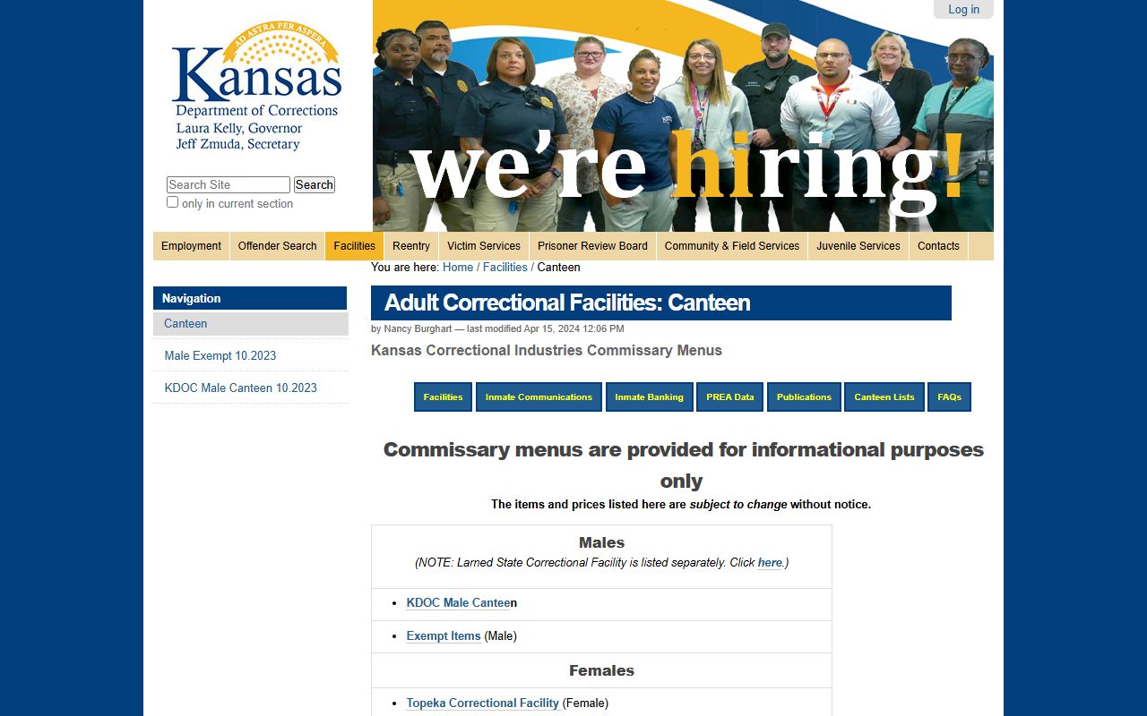 Larned State Correctional Facility inmate canteen KDOC page