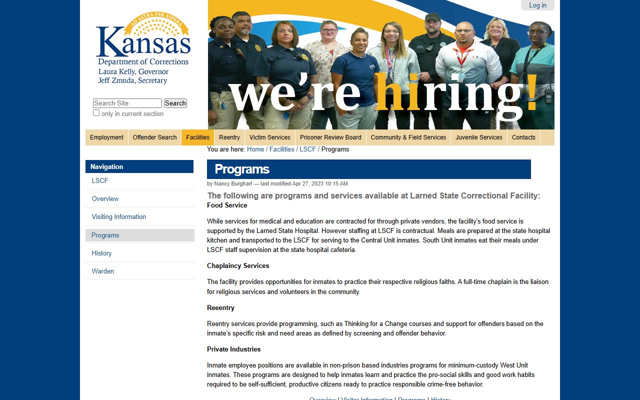 Larned State Correctional Facility inmate programs KDOC page