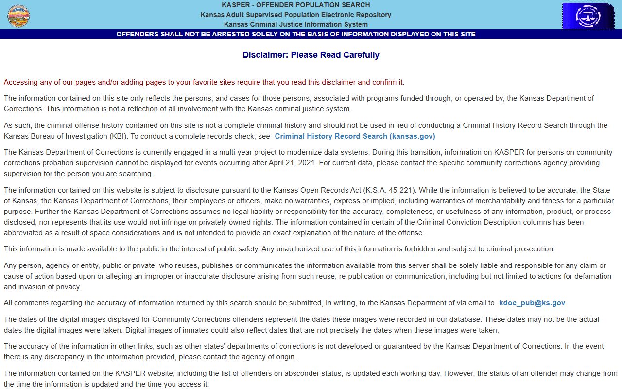 Pawnee County inmate lookup through KDOC KASPER disclaimer for sentenced residents
