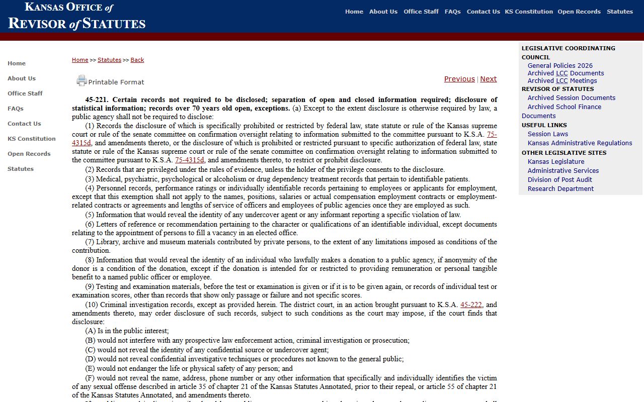 Kansas K.S.A. 45-221 exceptions page for Pawnee County mugshot records